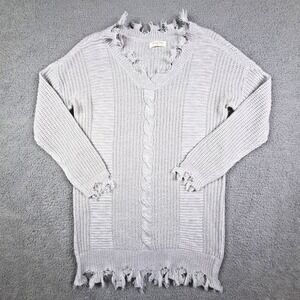 Full Circle Trends Sweater Womens XL‎ Gray V-Neck Distressed Cable Knit Tunic